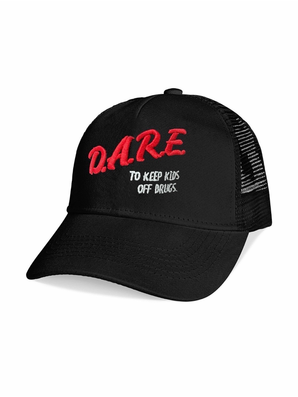 Black D.A.R.E. Trucker Hat with Red & White Embroidery